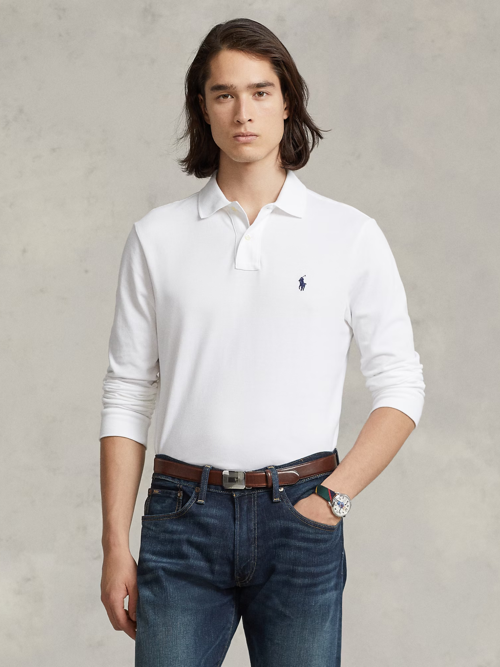 RALPH LAUREN Slim Fit Mesh Long-Sleeve Polo White