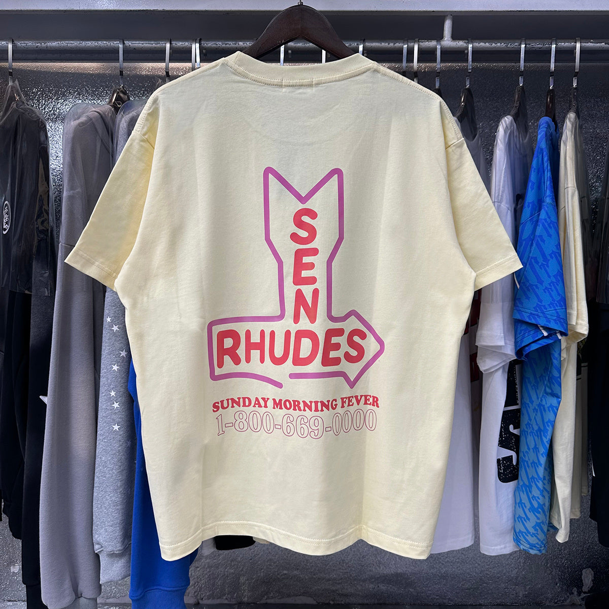 Rhude T-shirts Sunday Morning Fever Pink Arrow Print Men's and Women's Crew Neck Short Sleeves