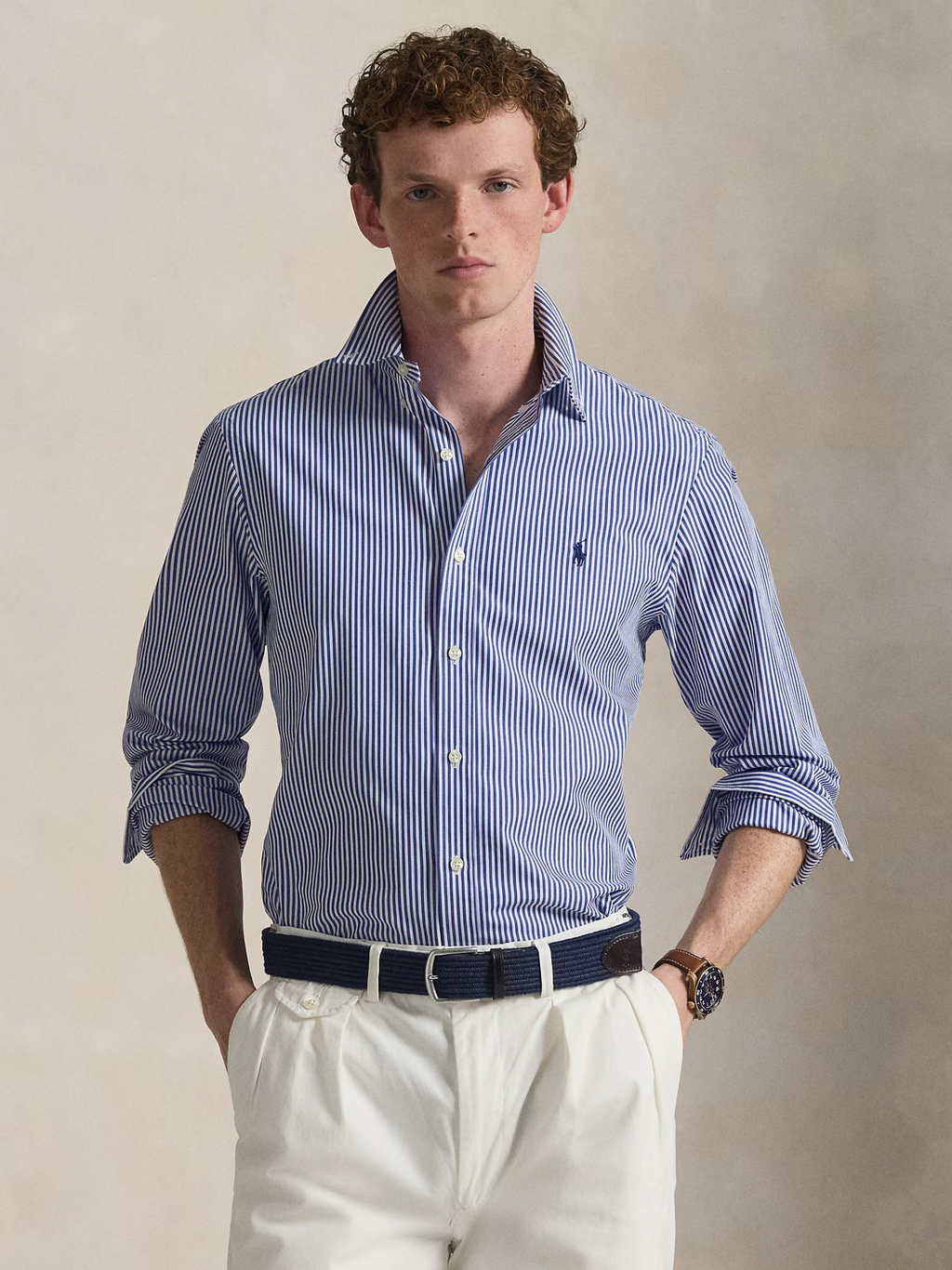 RALPH LAUREN Slim Fit Striped Stretch Poplin Shirt Blue/White Bengal Stripe