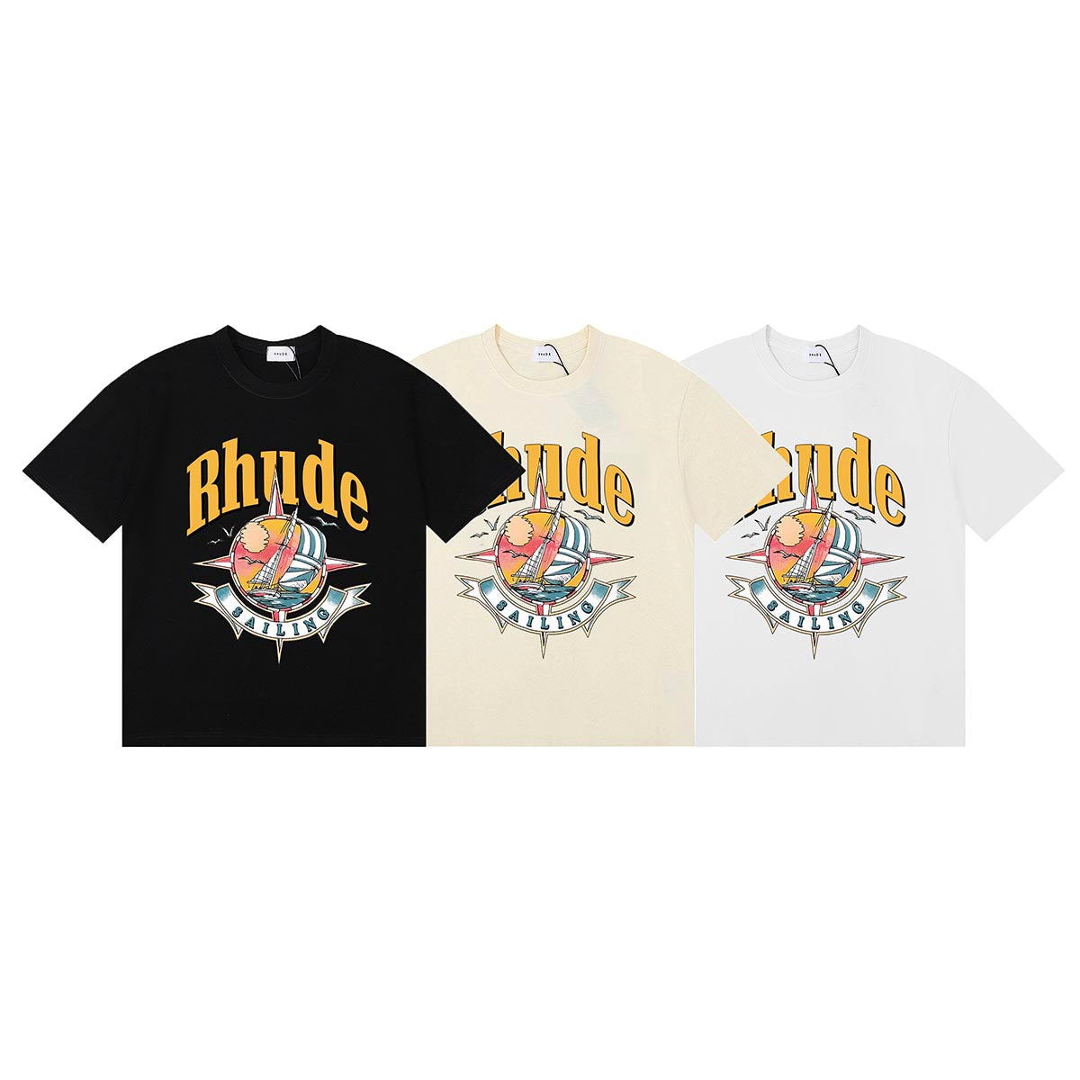 Rhude T-shirts Sailing Nautical Printing Cotton Casual Short Sleeves Men and Women
