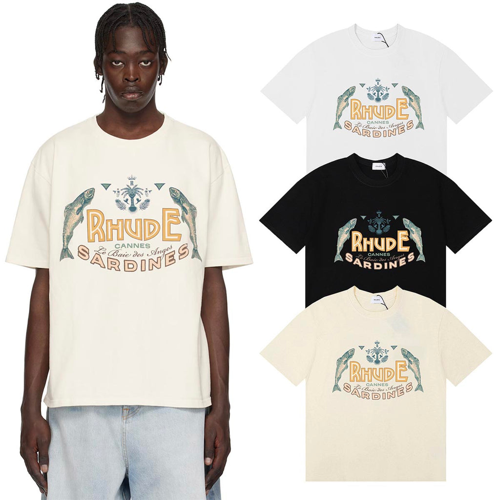 Rhude T-shirts Sardines Badge Printing Cotton Casual Short Sleeve Men and Women