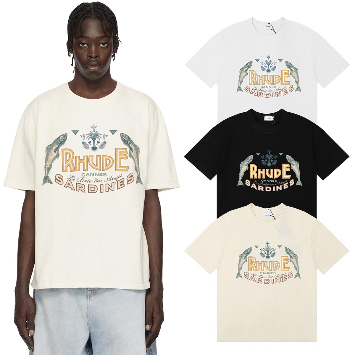 Rhude T-shirts Sardines Badge Printing Cotton Casual Short Sleeve Men and Women