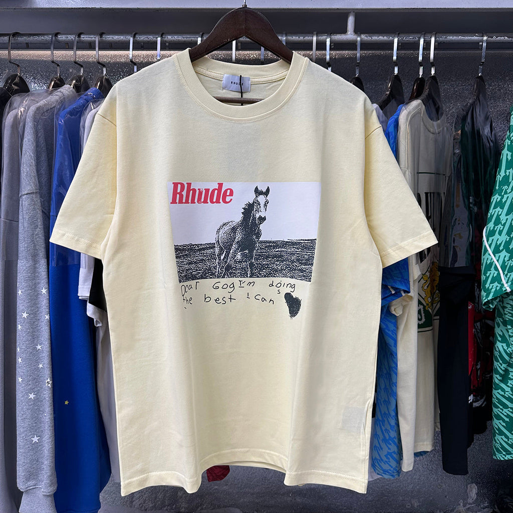 Rhude T-shirts Pentium Horse Printing Cotton Casual Short Sleeve Men and Women