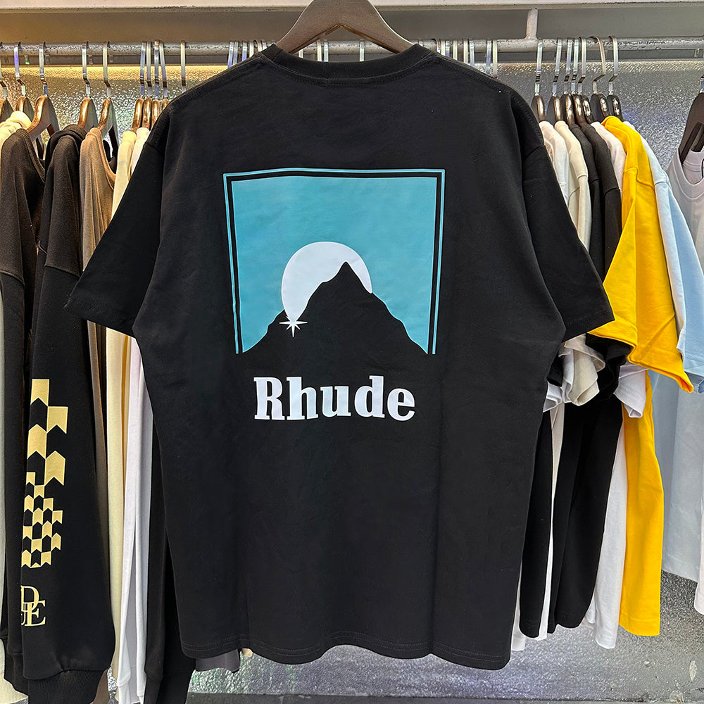 Rhude T-shirts Blue Sunset Print Cotton Casual Short Sleeve Men and Women