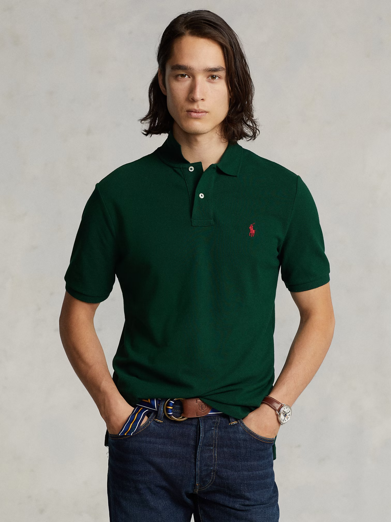 RALPH LAUREN Slim Fit Mesh Polo Shirt College Green