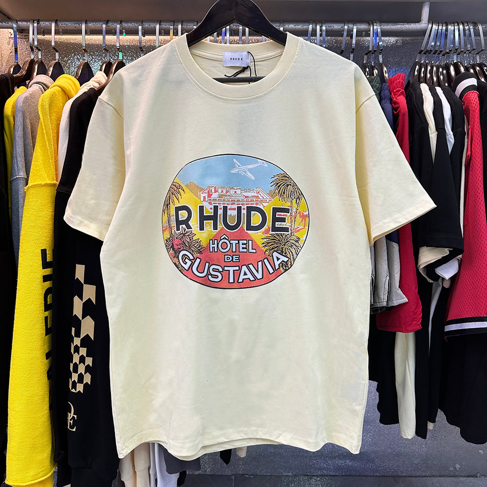 Rhude T-shirts Gustavia Hotel Printed Cotton Casual Short Sleeves Men's and Women's