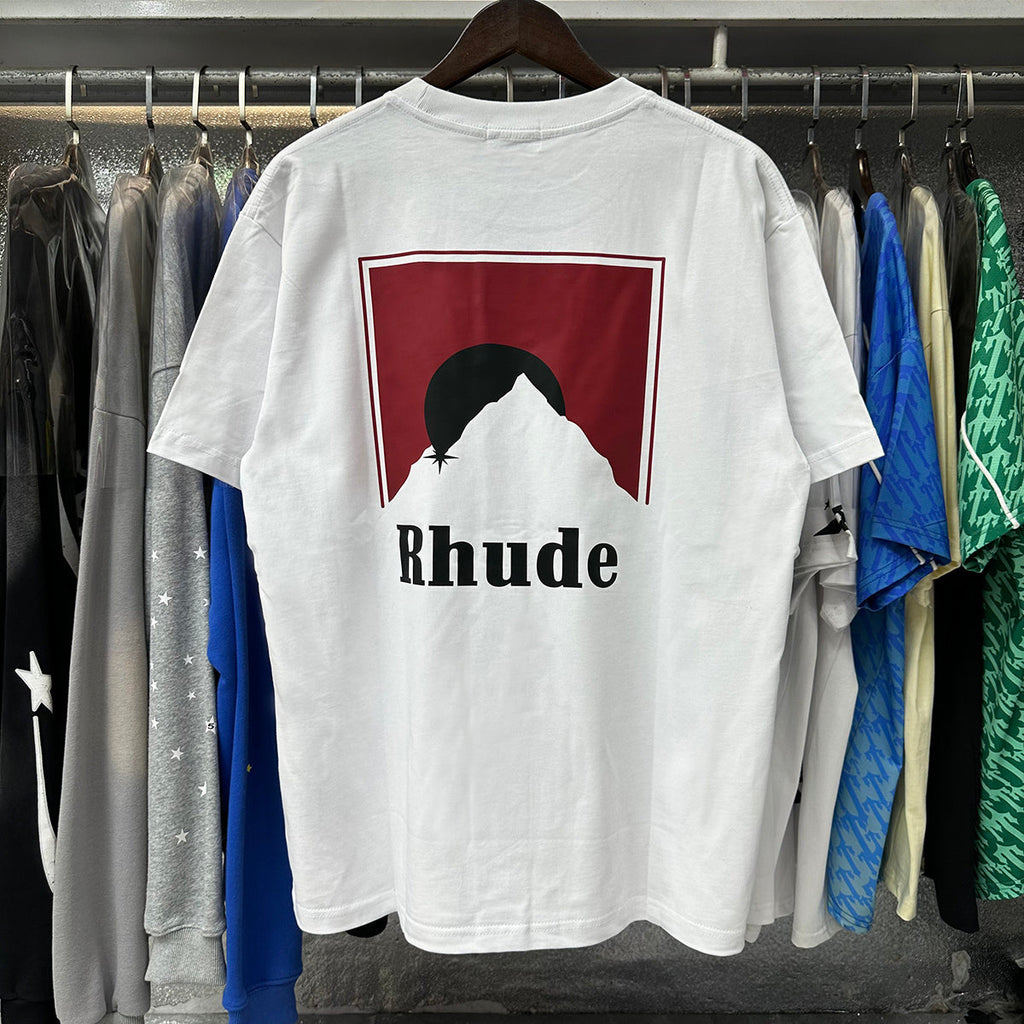 Rhude T-shirts Red Sunset Print Cotton Casual Short Sleeve Men and Women