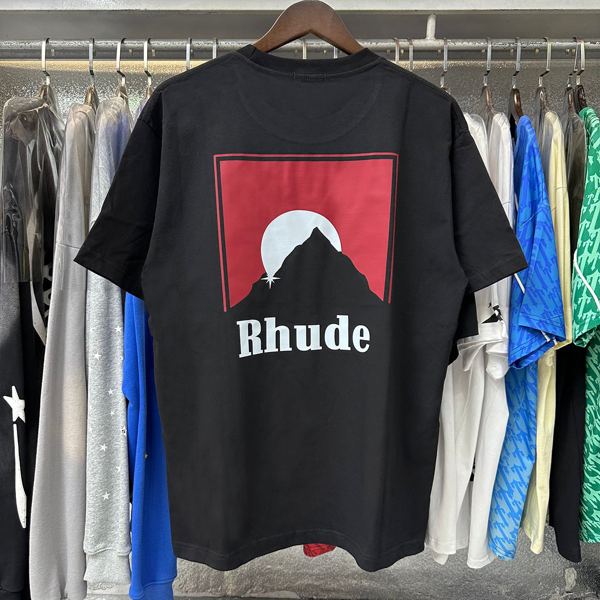 Rhude T-shirts Red Sunset Print Cotton Casual Short Sleeve Men and Women