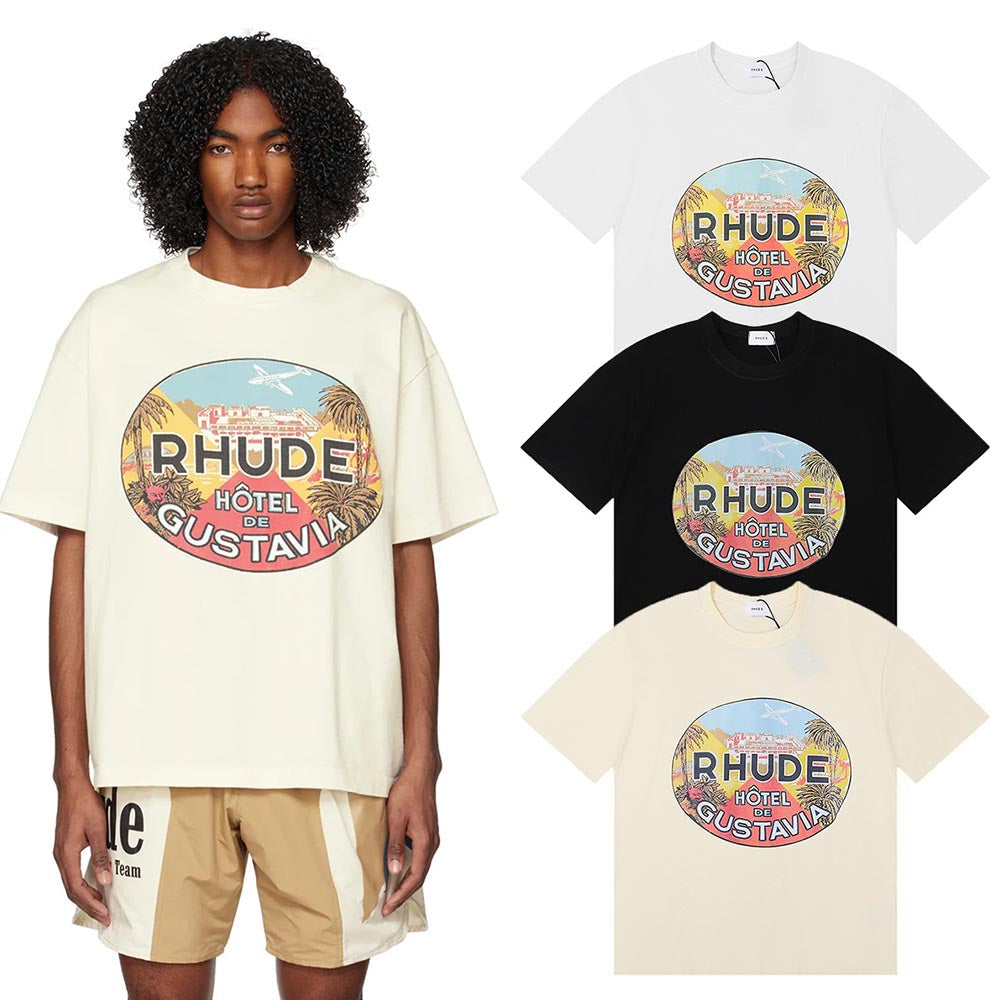 Rhude T-shirts Gustavia Hotel Printed Cotton Casual Short Sleeves Men's and Women's