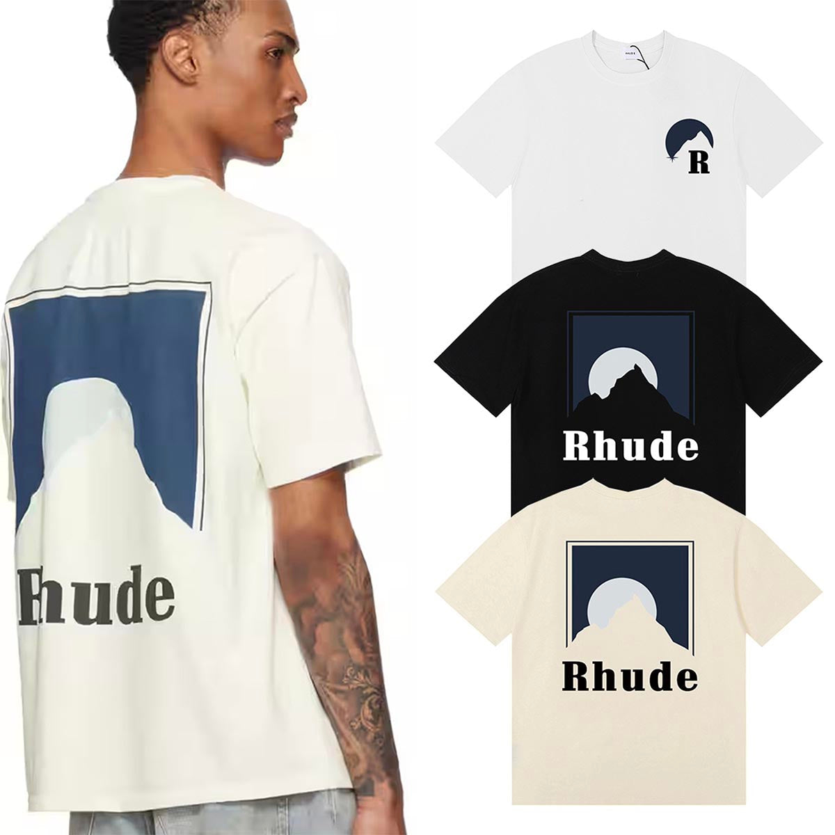 Rhude T-shirts Moonlight Blue Printed Cotton Casual Short Sleeve Men and Women