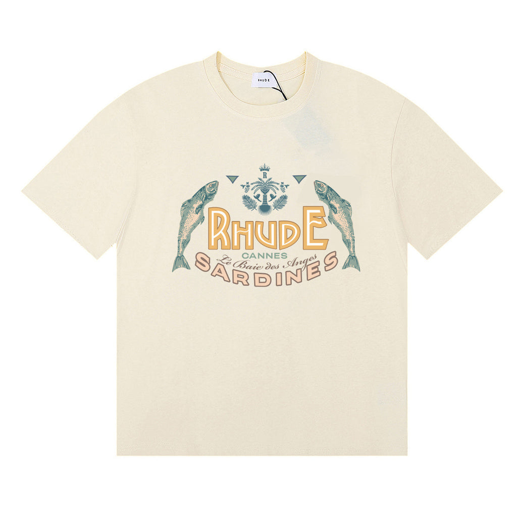 Rhude T-shirts Sardines Badge Printing Cotton Casual Short Sleeve Men and Women
