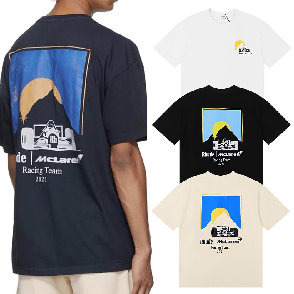 Rhude T-shirts Racing Printed Cotton Casual Short Sleeves Men and Women