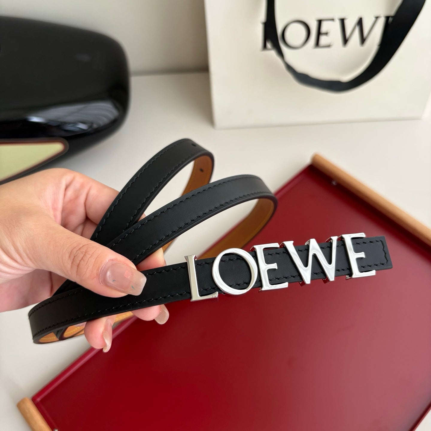 Loewe Women’s Leather Belt Anagram Buckle Classic Dress Waist Belt for Jeans Trousers Coat Casual Formal